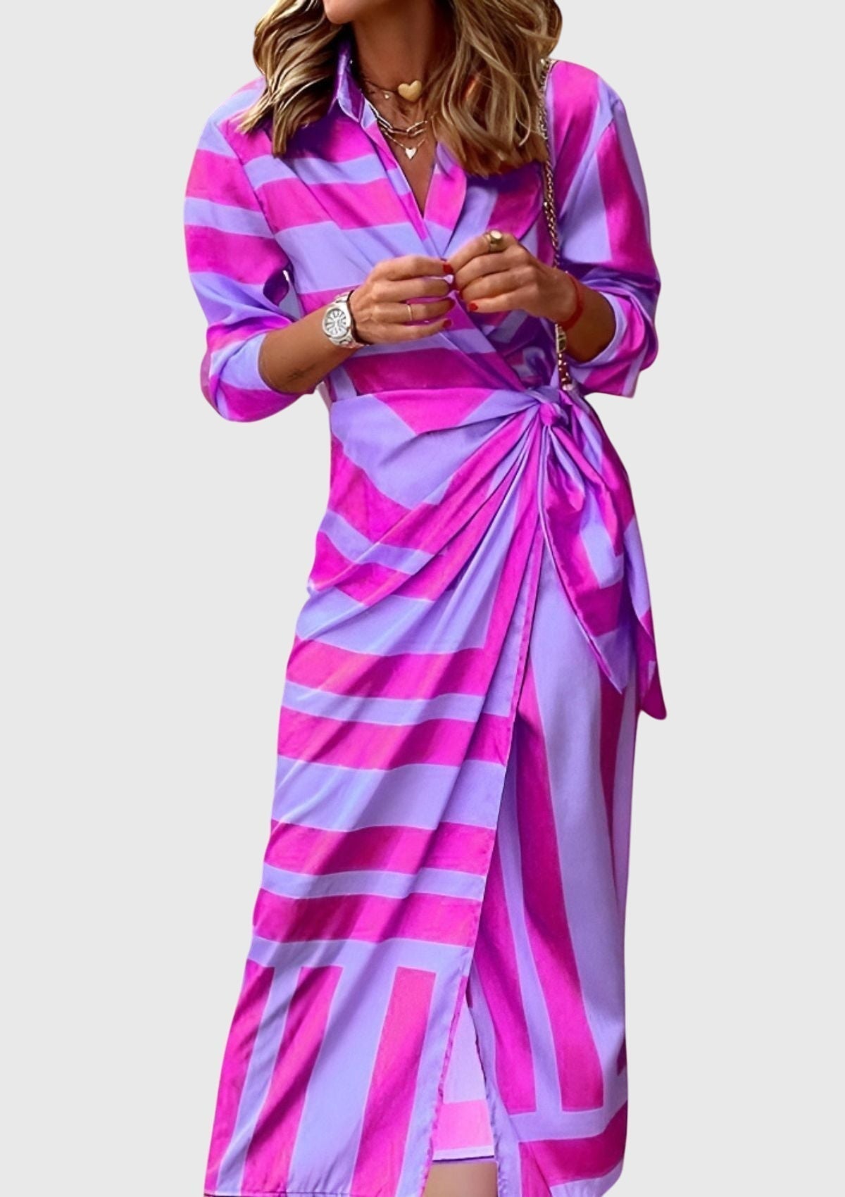 Geometric Print Collared Long Sleeve Wrap Tie Midi Dress 13