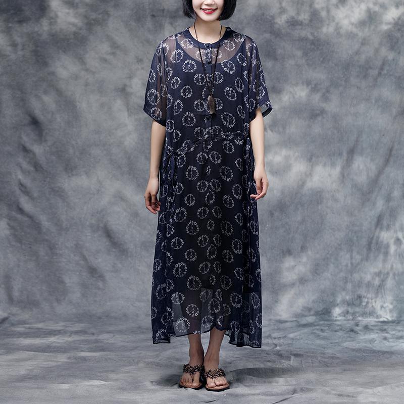 Peace Sign Print Henley Neck Short Sleeve Drawstring Chiffon Layered Maxi Dress