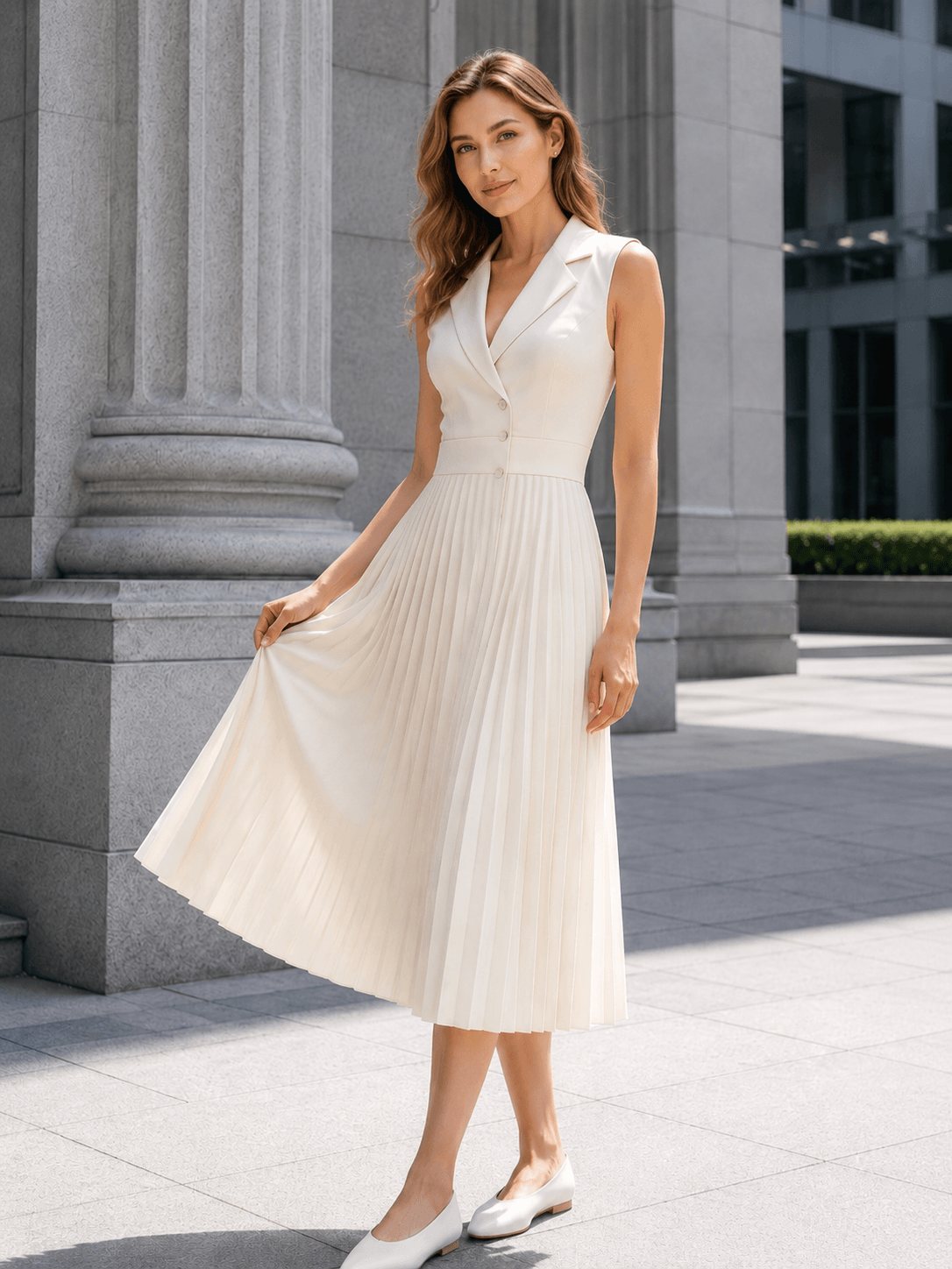 Ruched Ice Silk Lapel High Waist Work Dress