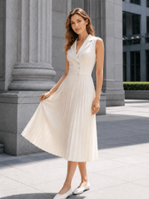 Ruched Ice Silk Lapel High Waist Work Dress