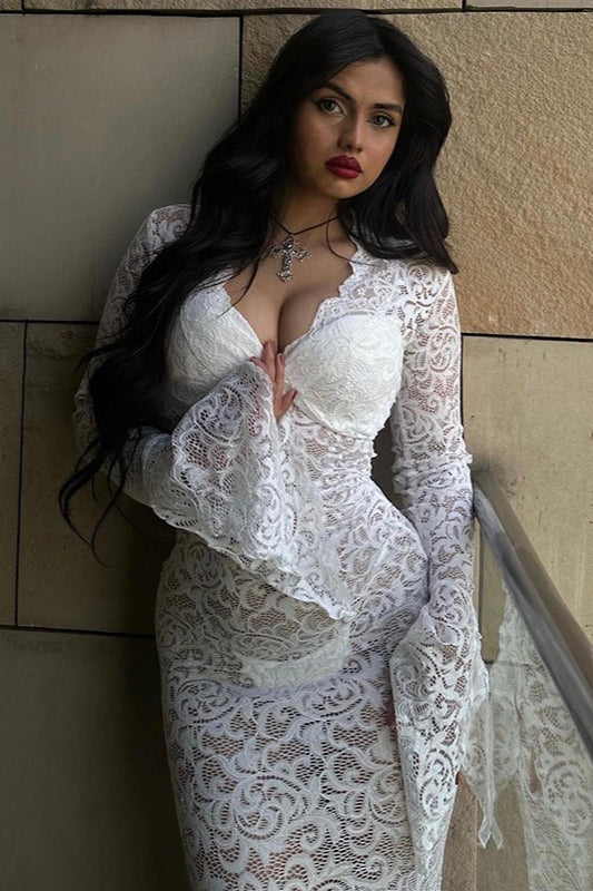 Sheer Lace Deep V-Neck Flared Sleeve Maxi Lace Dress