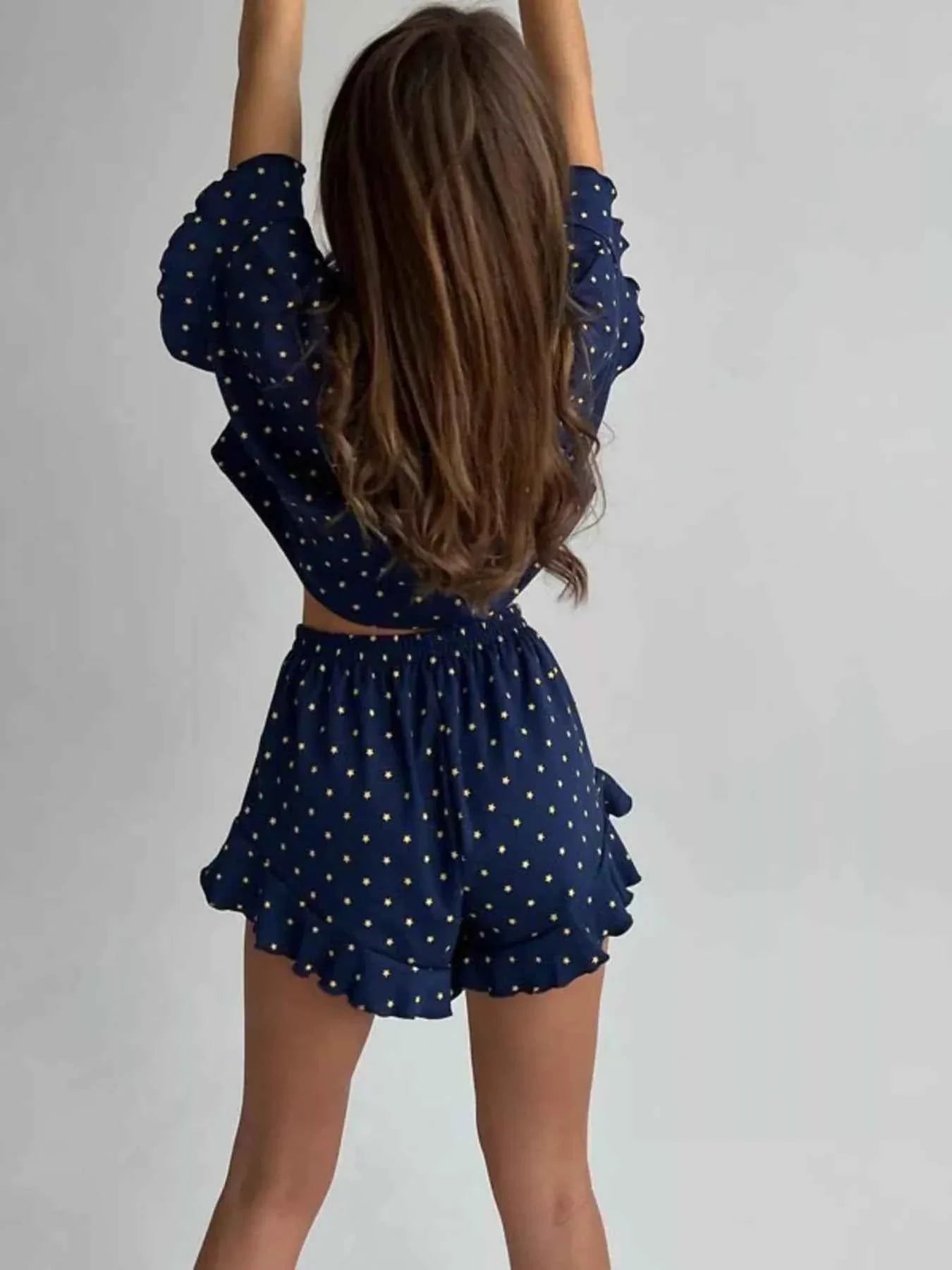 Printed Crop Top and Ruffled Shorts Lounge Set