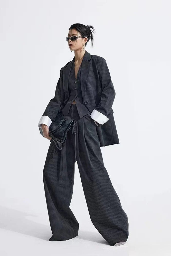 Grey Striped Vest Wide Leg Three Piece Set