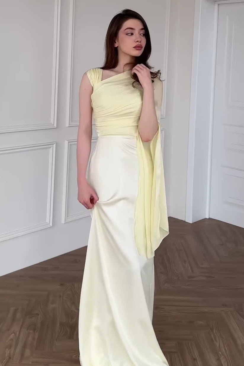 Chiffon One Shoulder Cape Sleeve Ruched High Slit Maxi Dress