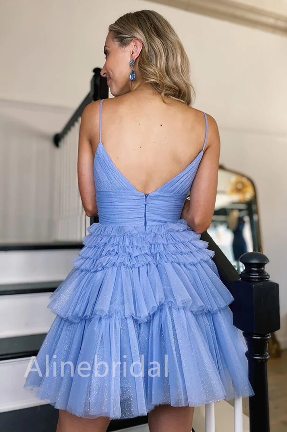 Glitter Tulle V-Neck Spaghetti Strap Tiered Ruffle Mini Dress 2