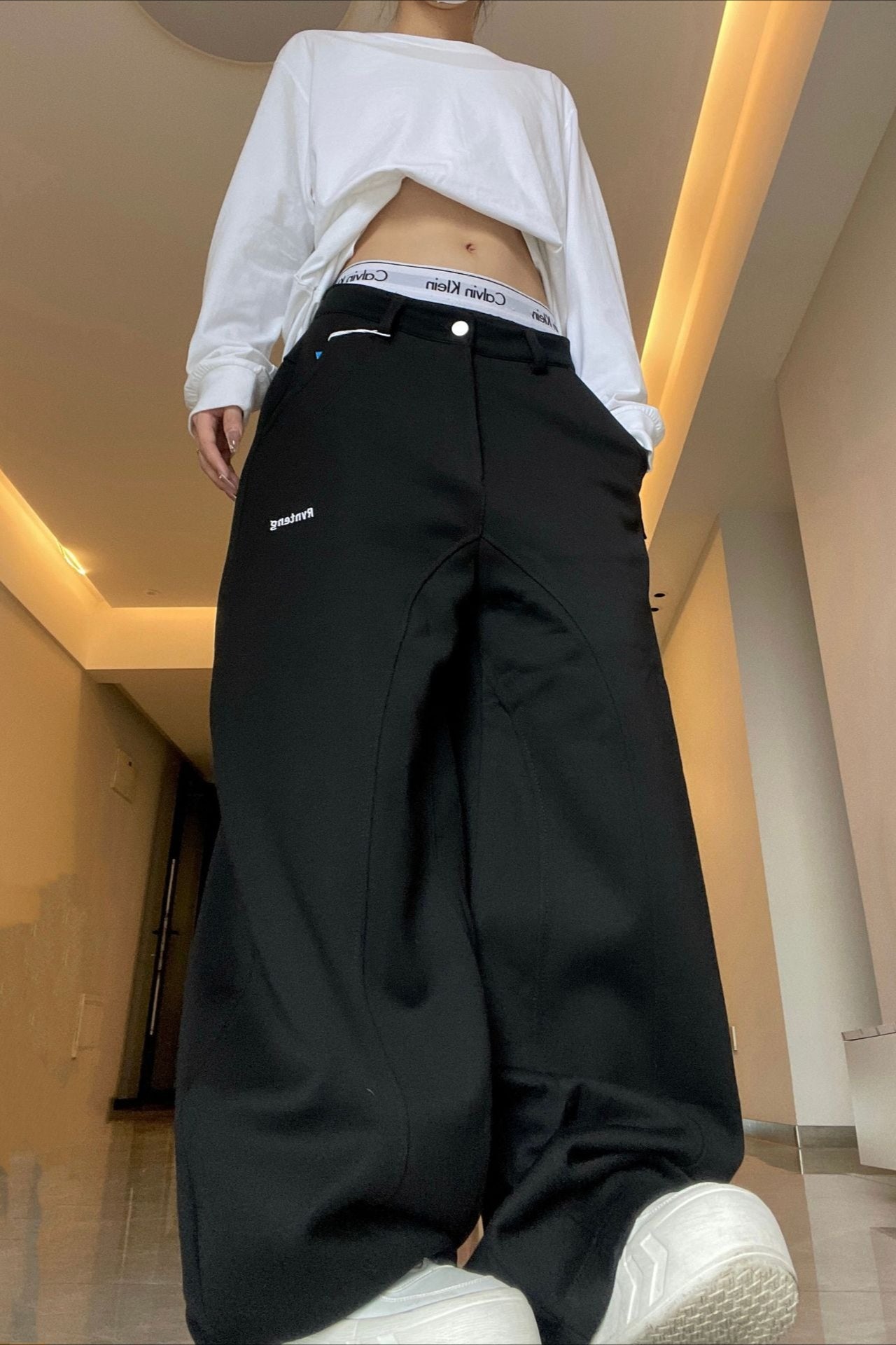 Vintage Letter Embroidered Baggy Curved Blade Pants