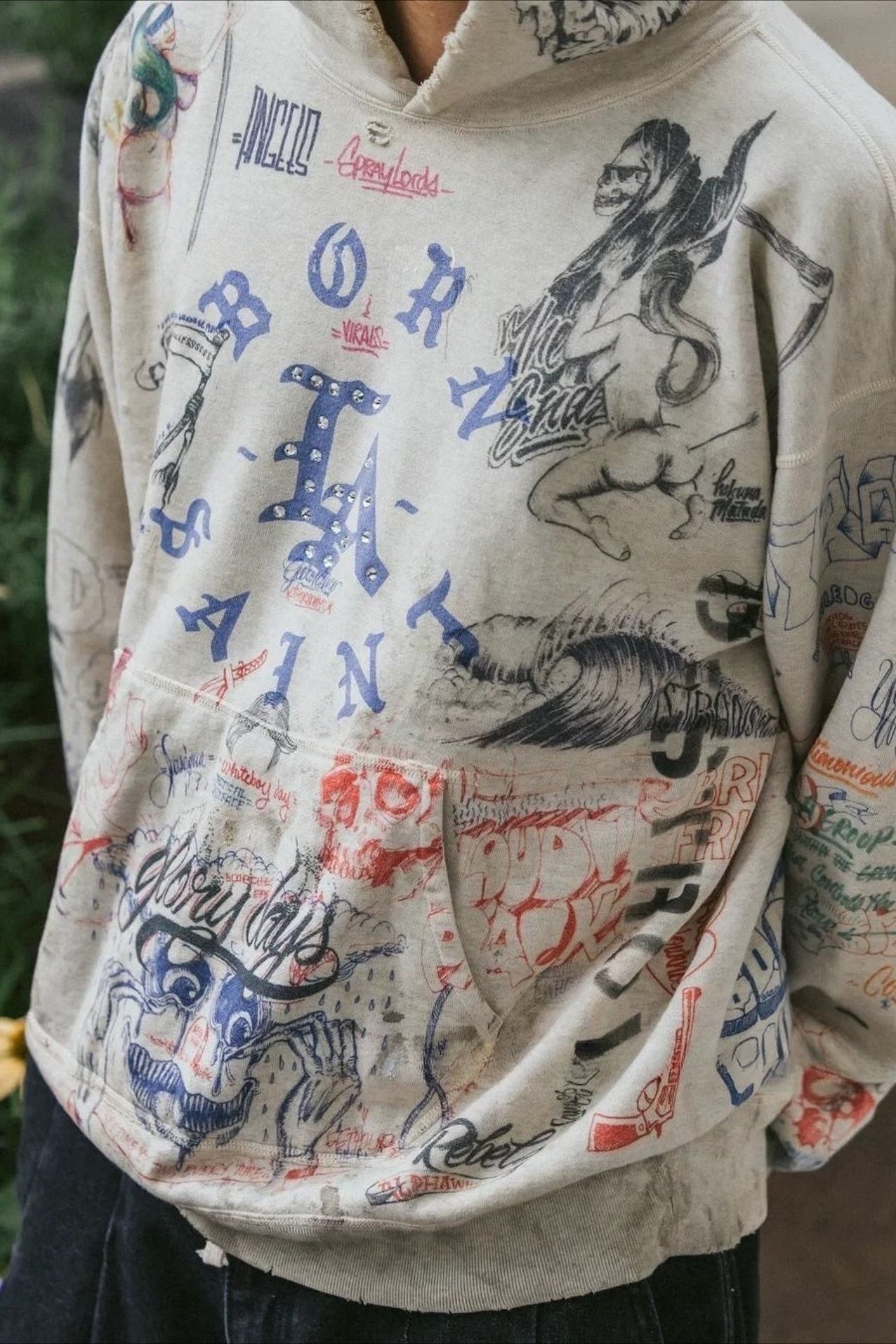 Distressed Rhinestone Graffiti Print Hoodie