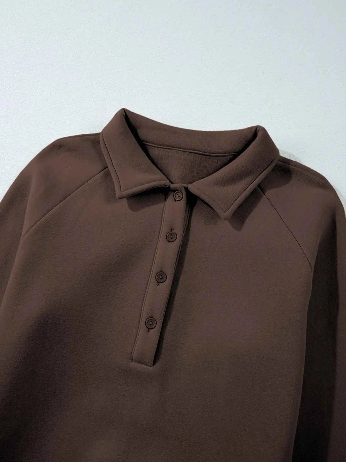 Collared Button Placket Sweatshirt and Seam Front Wide Leg Pants Two Piece Set 14