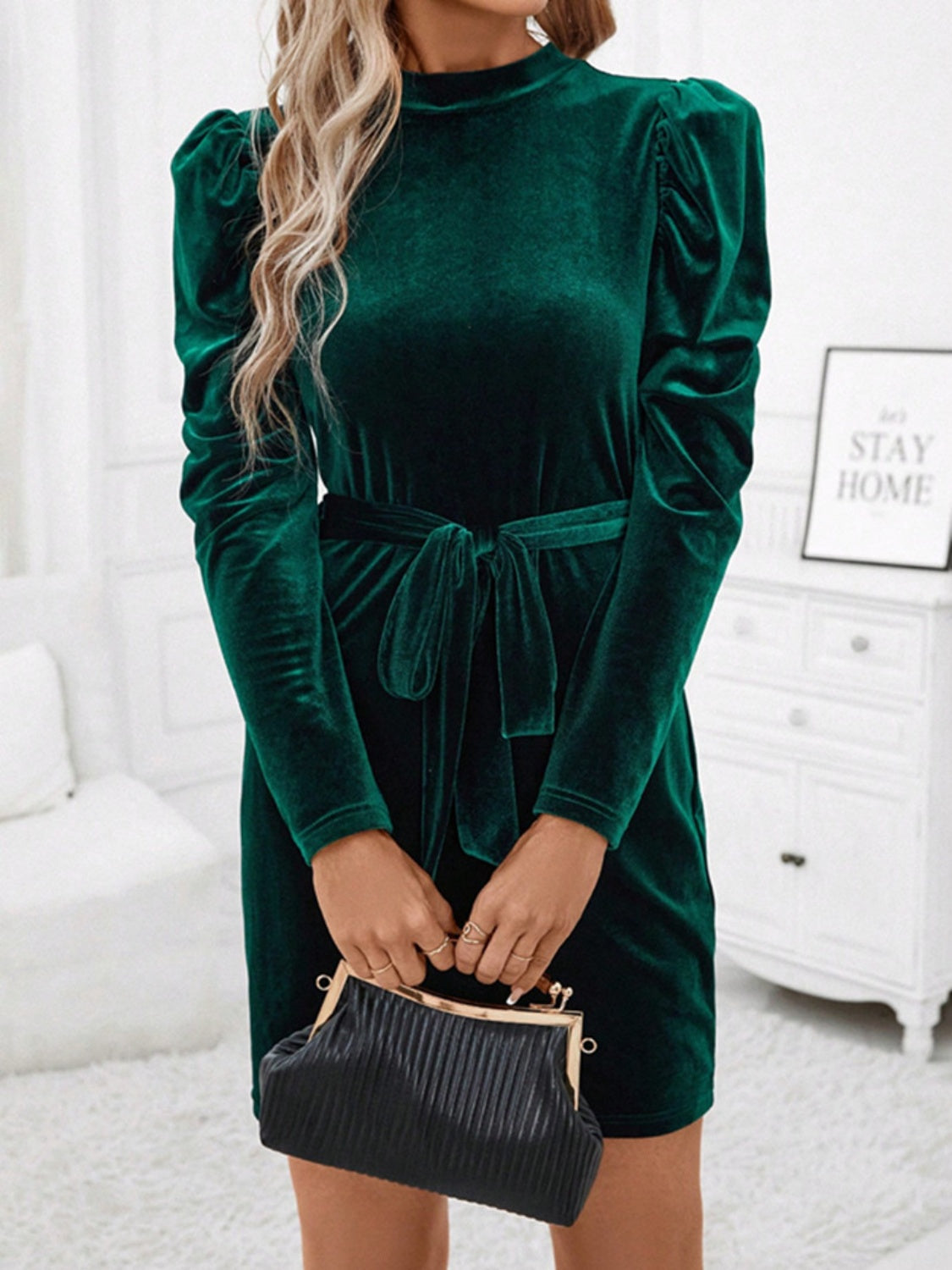 Noemí Timeless Mini Dress with Stand Up Collar, Tie Waist and Puff Sleeves Premium Wardrobe Essential