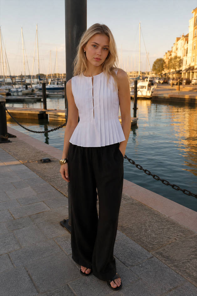 Sleeveless Round Neck Keyhole Front Pleated Peplum Top 6