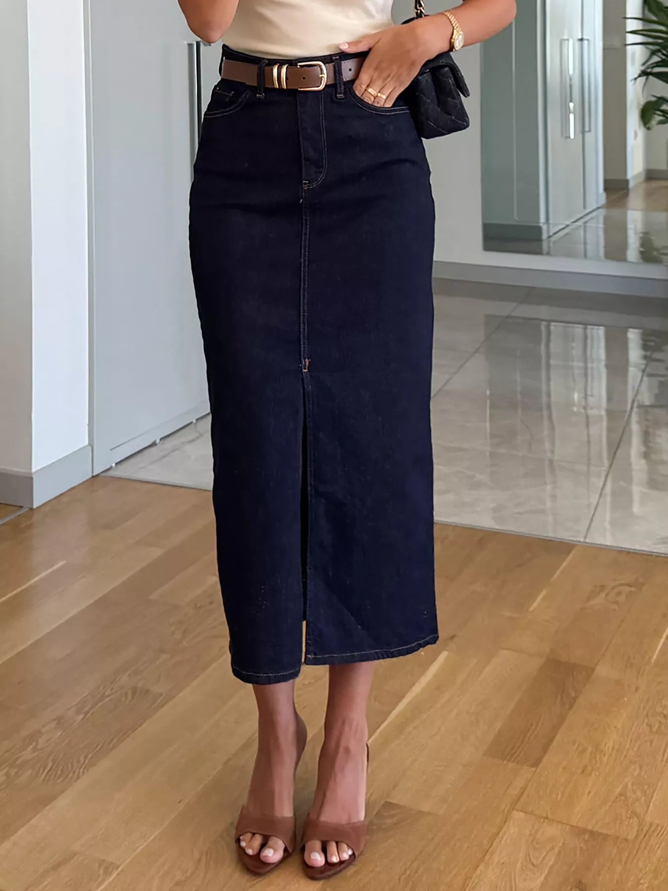 Slit Front Denim Skirt