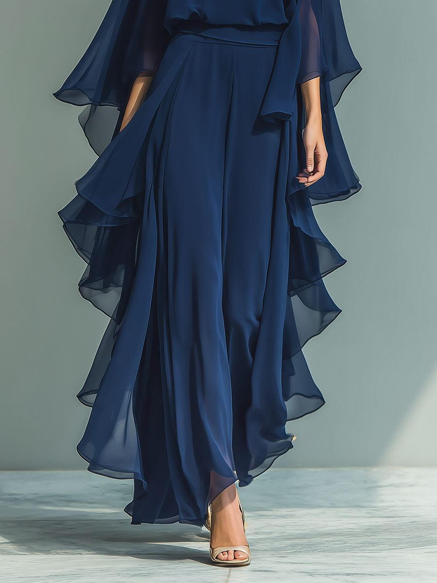 Round Neck Cape Sleeve Ruffle Chiffon Maxi Dress 5