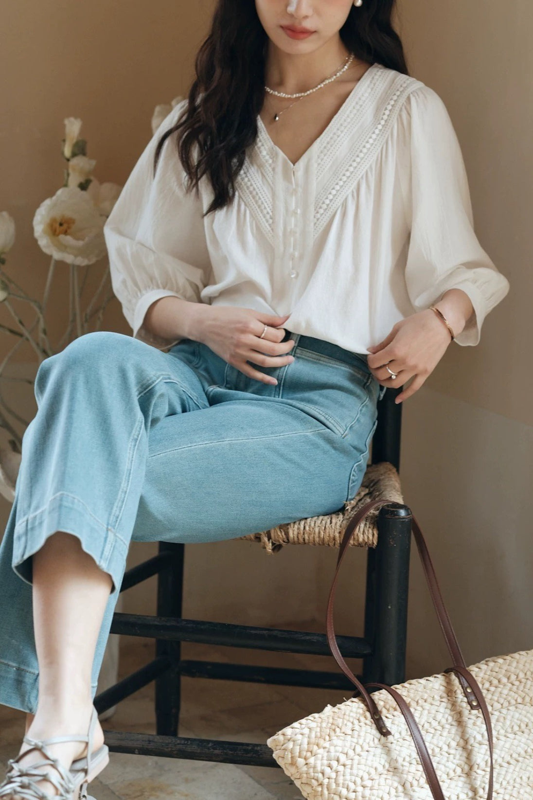 V-Neck Lace Trim Three Quarter Puff Sleeve Button Front Blouse 3