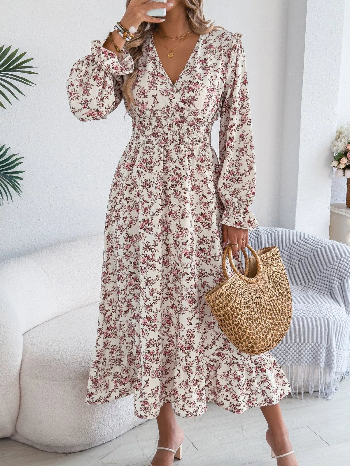 Floral Print Surplice V-Neck Ruffle Shoulder Smocked Waist Tiered Midi Dress 2