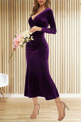 Solid Color Velvet Long Sleeve V-neck Slim Fit Fishtail Maxi Dress - View 19