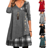Plaid Patchwork V-Neck Long Sleeve Button Front Tunic Dress