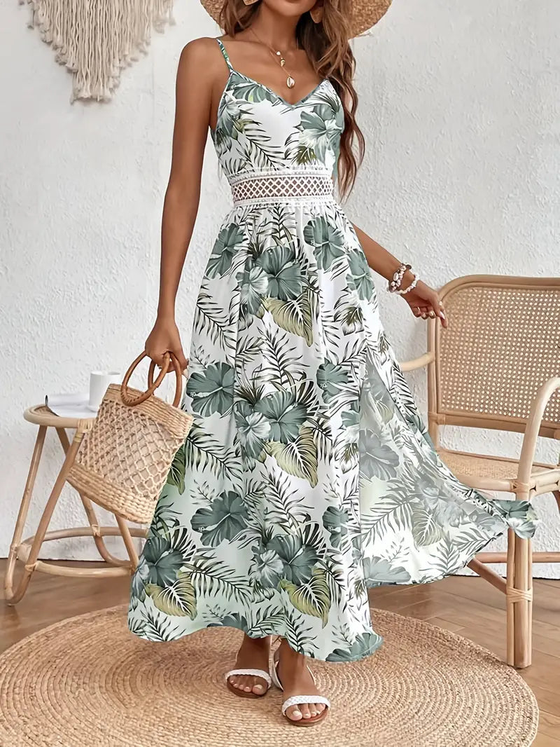 Tropical Print Spaghetti Strap Lace Waist Maxi Dress