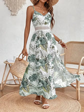 Tropical Print Spaghetti Strap Lace Waist Maxi Dress