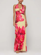 Floral Halter Neck Deep V-Neck Ruched Maxi Dress 11