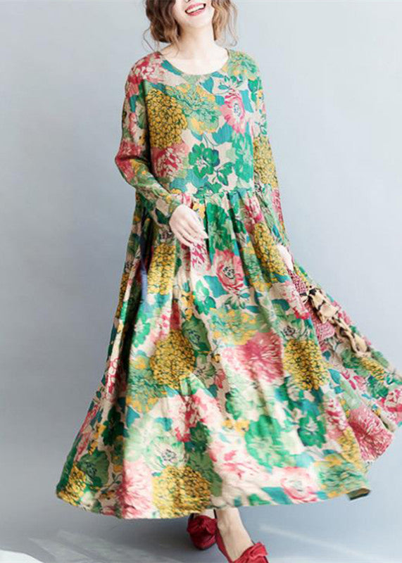 Tropical Print Long Sleeve Crew Neck Flowy Maxi Dress