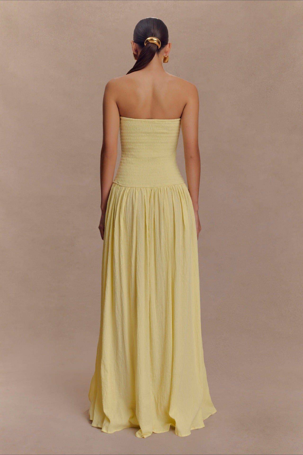 Strapless Ruched High Split Flowy Maxi Prom Dress