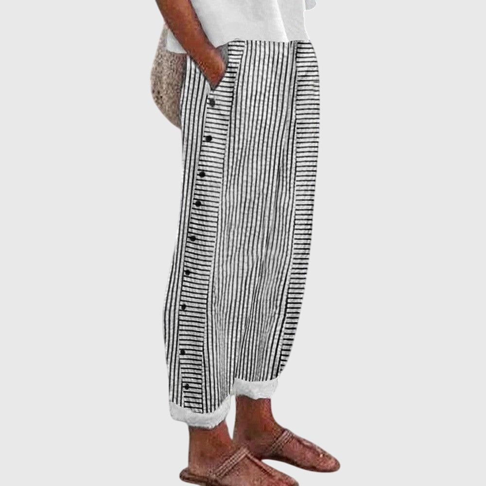 Striped Side Button Wide Leg Pants