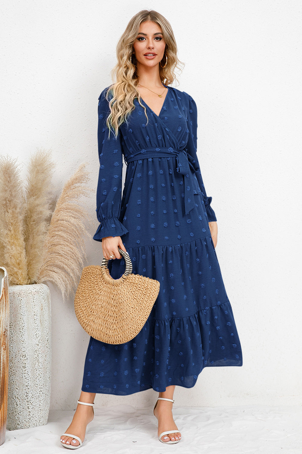 Swiss Dot Tied Surplice Flounce Sleeve Dress Cobald Blue