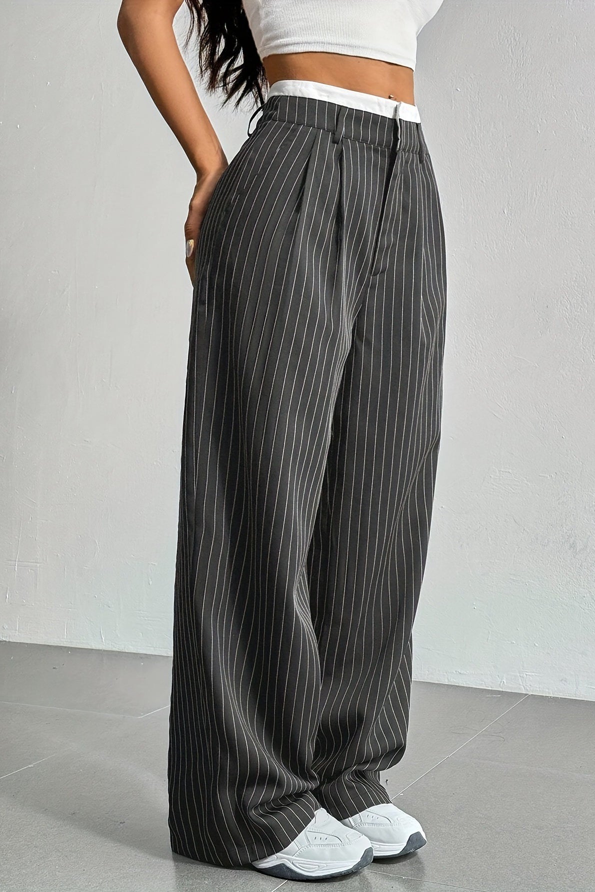 Pinstripe Contrast Waistband Pleated Wide Leg Trousers 10