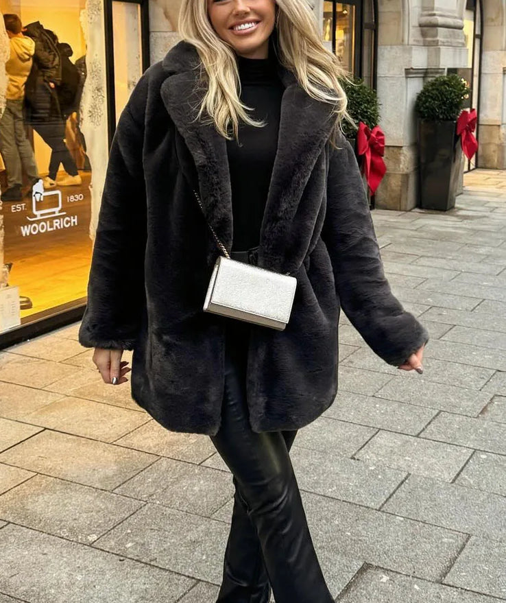 Faux Fur Notched Collar Oversized Mid Length Coat