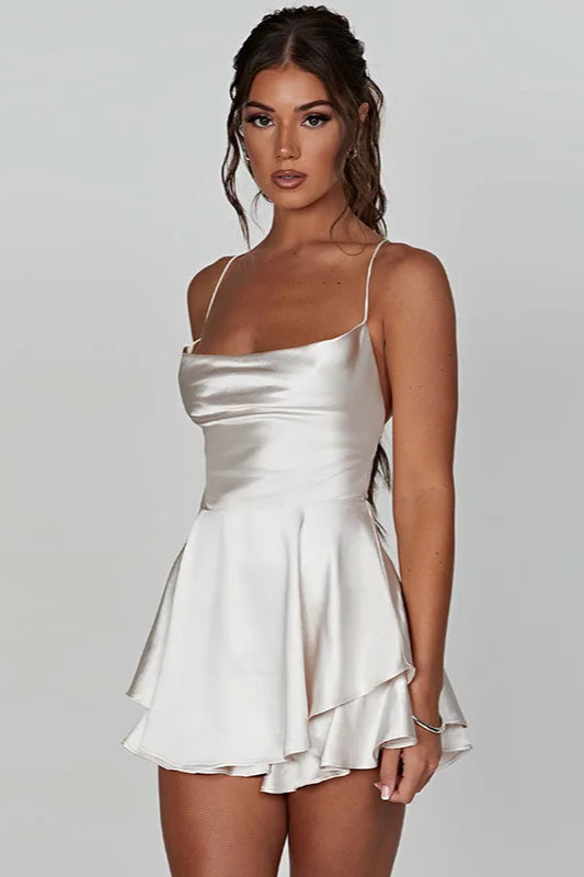 Satin Cowl Neck Spaghetti Strap Layered Ruffle Hem Mini Dress