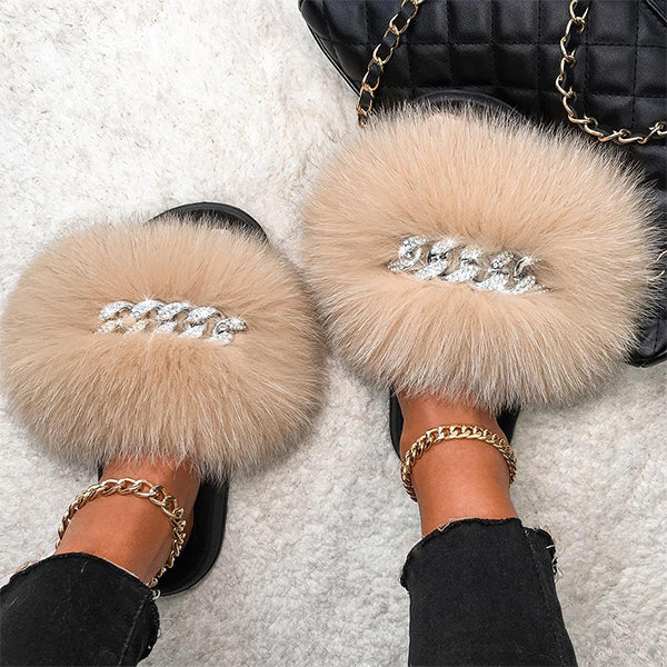 Fur Fluffy Flip Flops Diamond Chain Slippers