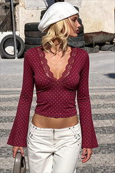 Polka Dot Lace Trim V-Neck Long Sleeve Crop Top