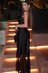 Lace Sheer Insert Lace-Up Open Back Plunge Lace Dress