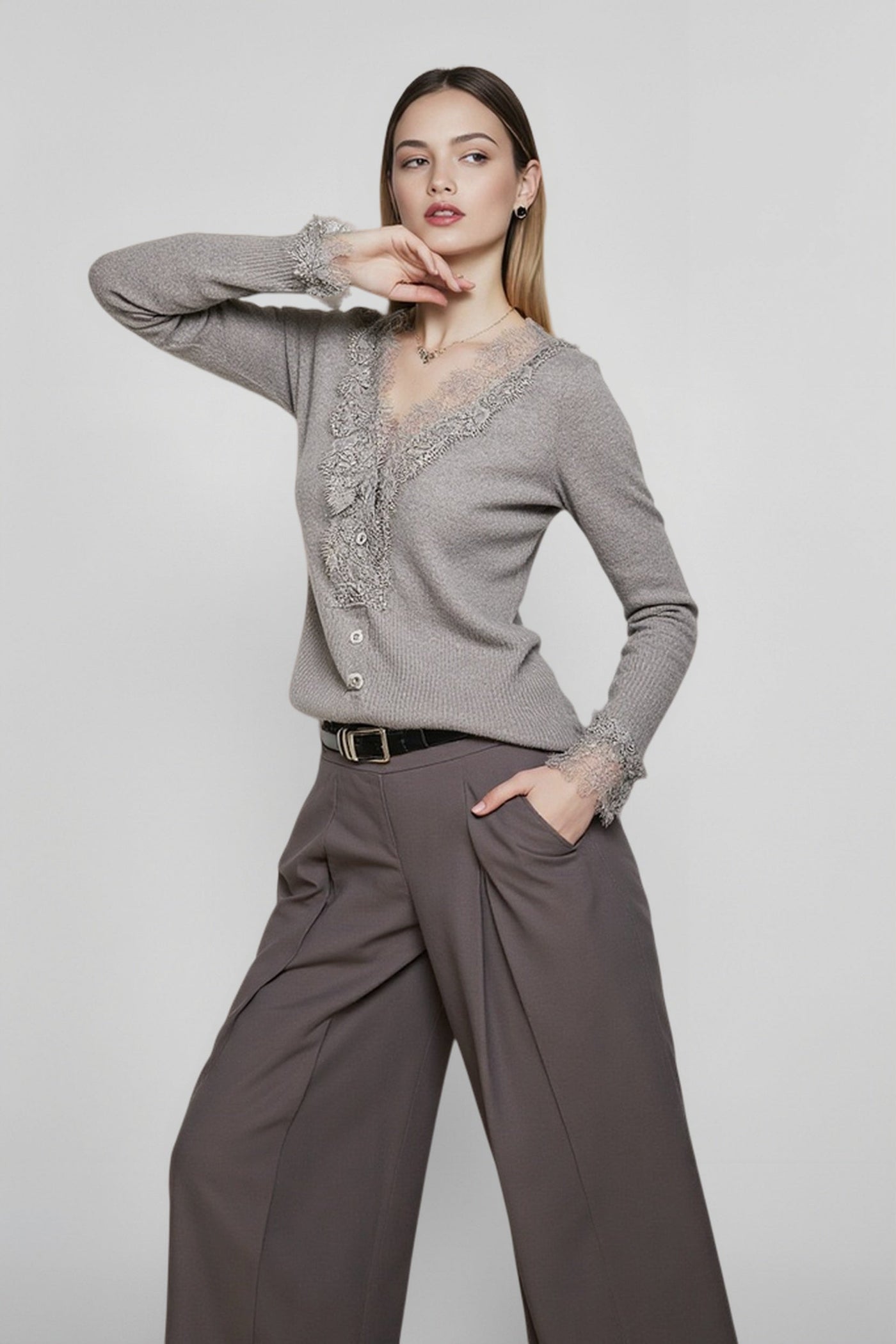 Lace Trim V Neck Cashmere Cardigan