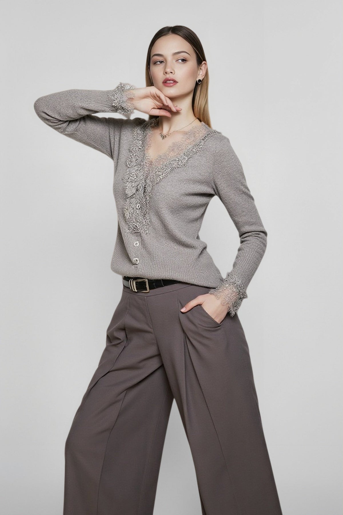 Lace Trim V-Neck Long Sleeve Button Front Slim Knit Cardigan 3