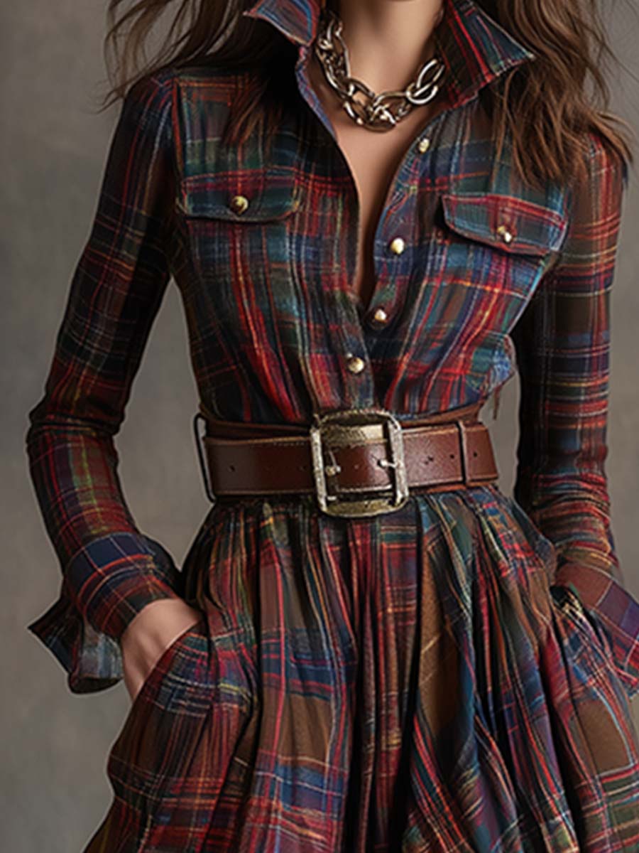 Plaid Collared Long Sleeve Belted Button Front Maxi Shirt Dress