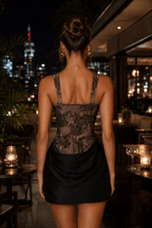Square Neck Lace Print Ruched Patchwork Slip Dress