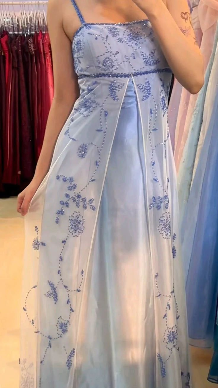 Blue And White Gradient Beaded Long Prom Dress Evening Dress