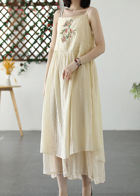 Embroidered Floral Bird Patch Spaghetti Strap Square Neck Empire Tiered Midi Dress