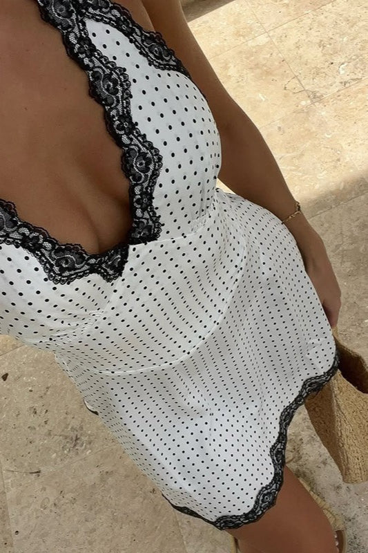Lace-Trim V-Neck Polka Dot Halter Backless Mini Dress