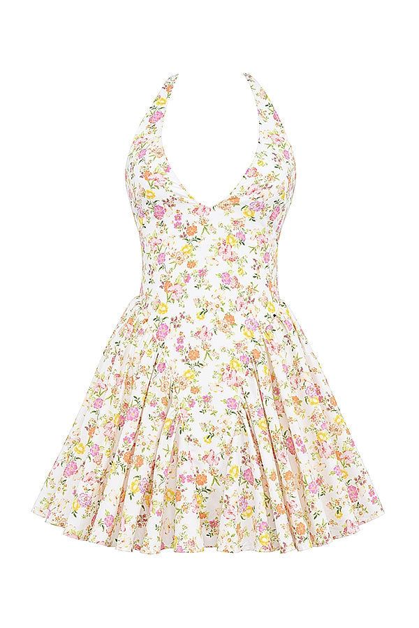 Floral Print Halter Plunge Drop Waist Flared Mini Dress 13