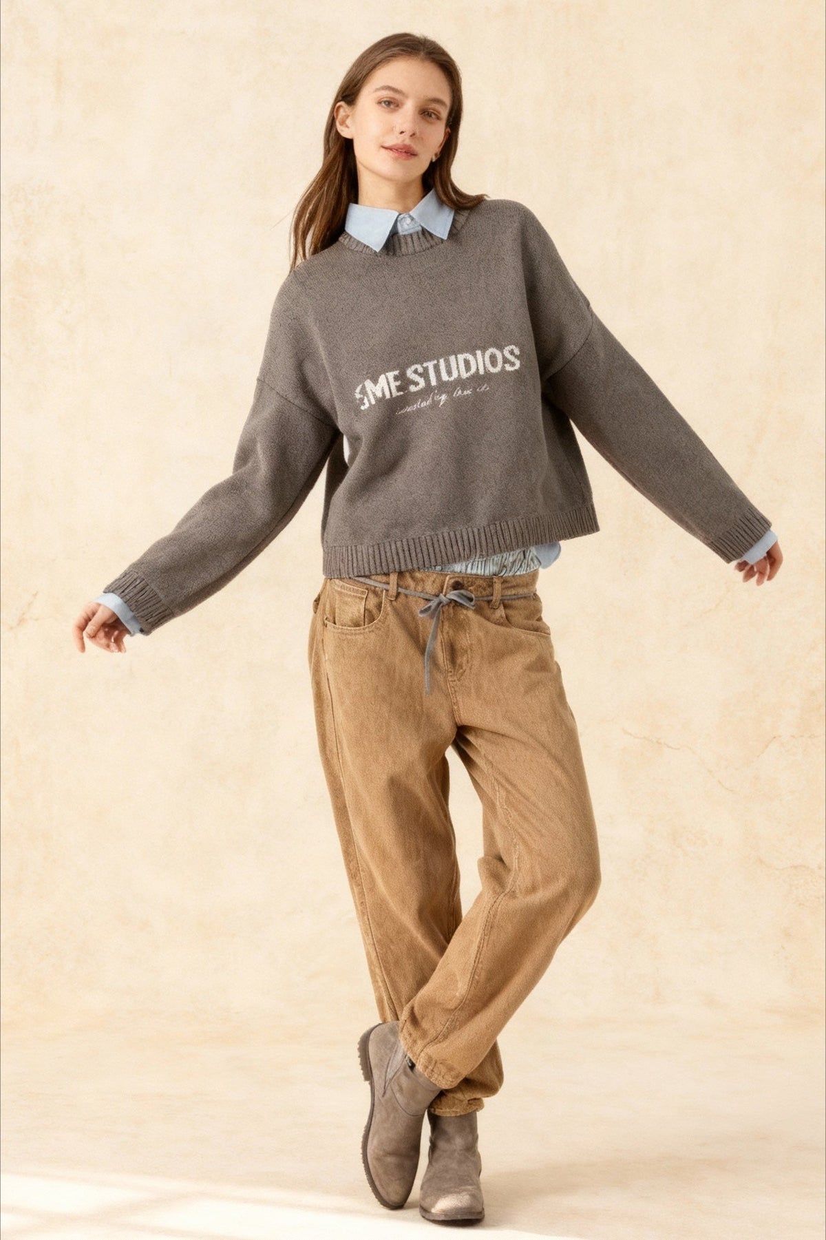 Crew Neck Long Sleeve Letter Graphic Ribbed Trim Knit Sweater 2