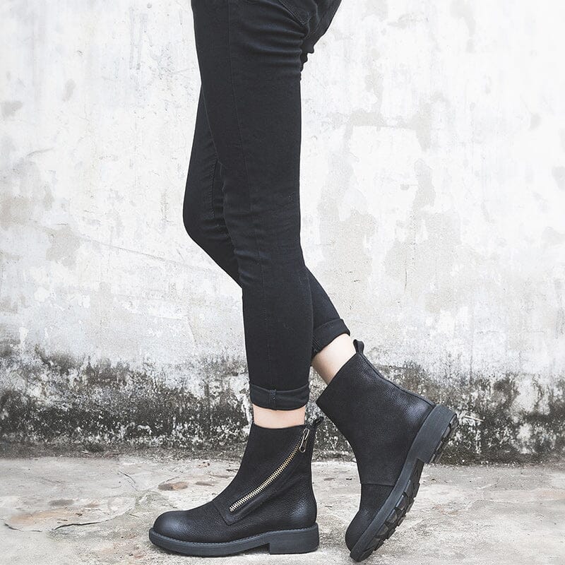 Full Grain Leather Zip Boots Retro Women Chunky Ankle Boots Black/Coffee