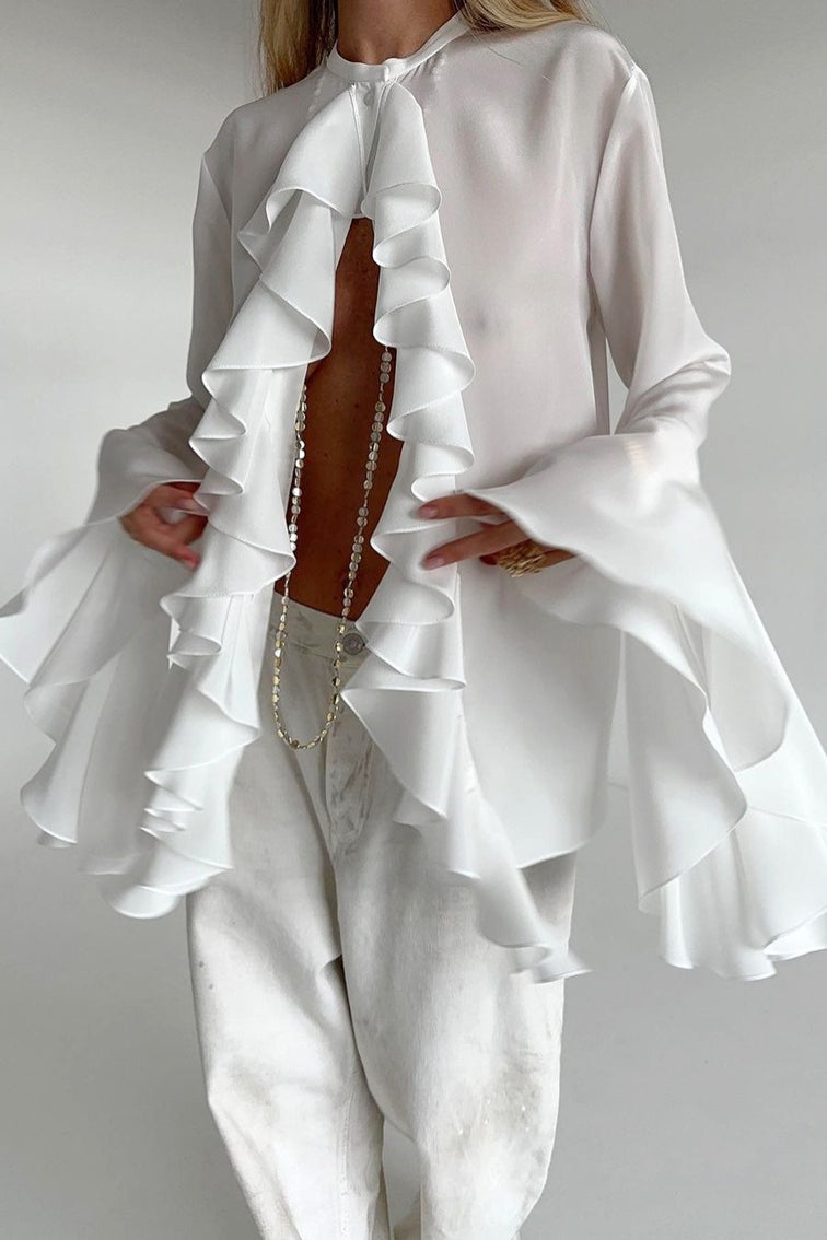 Cascading Ruffle Front High Neck Flared Bell Sleeve Blouse 3