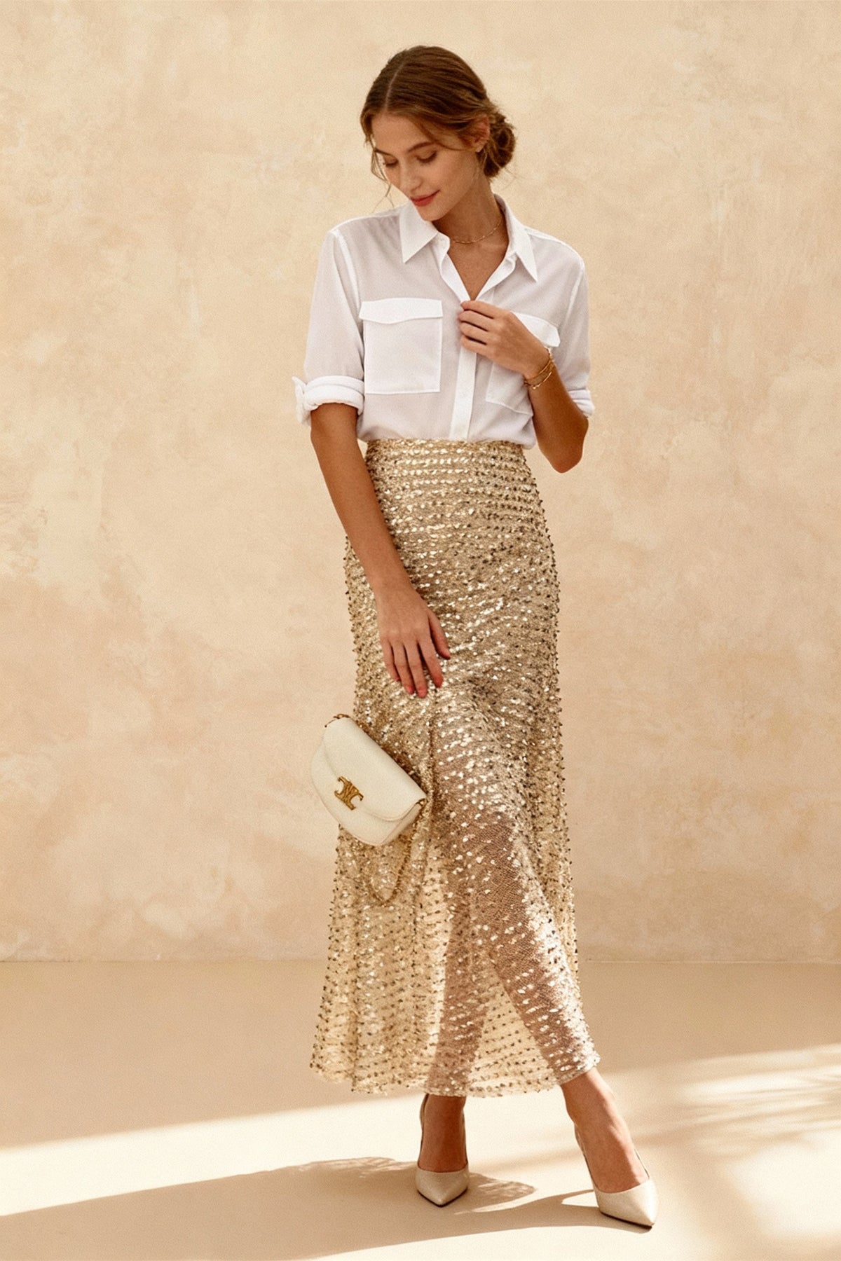 Sequin Mesh High Waist Sheer Overlay A-Line Maxi Skirt 2