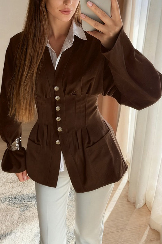 V-Neck Dolman Sleeve Pintuck Waist Button Front Pocket Jacket 4