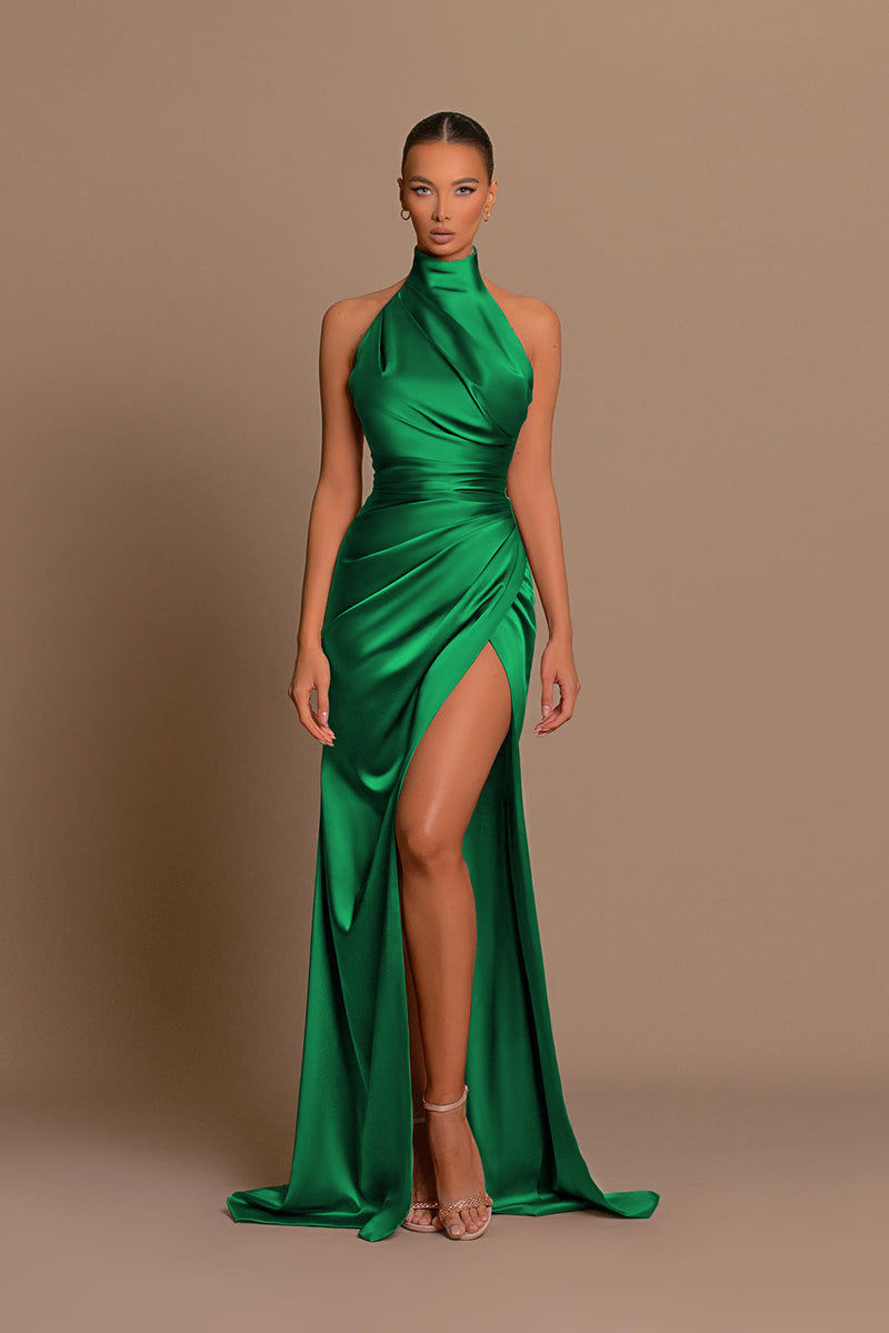 L1442 - High Neck Halter Ruched Satin Long Prom Evening Formal Dress With Slit