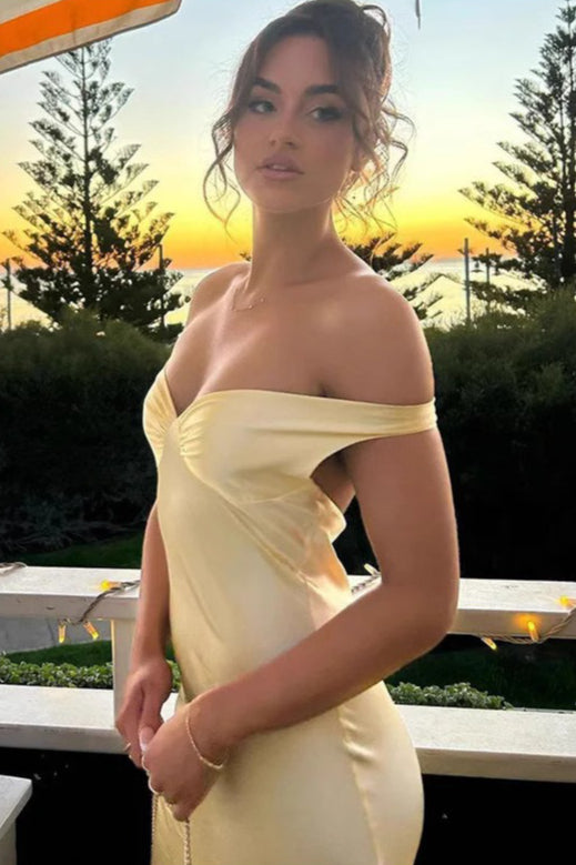 Satin Off Shoulder Ruched Bodycon Maxi Dress