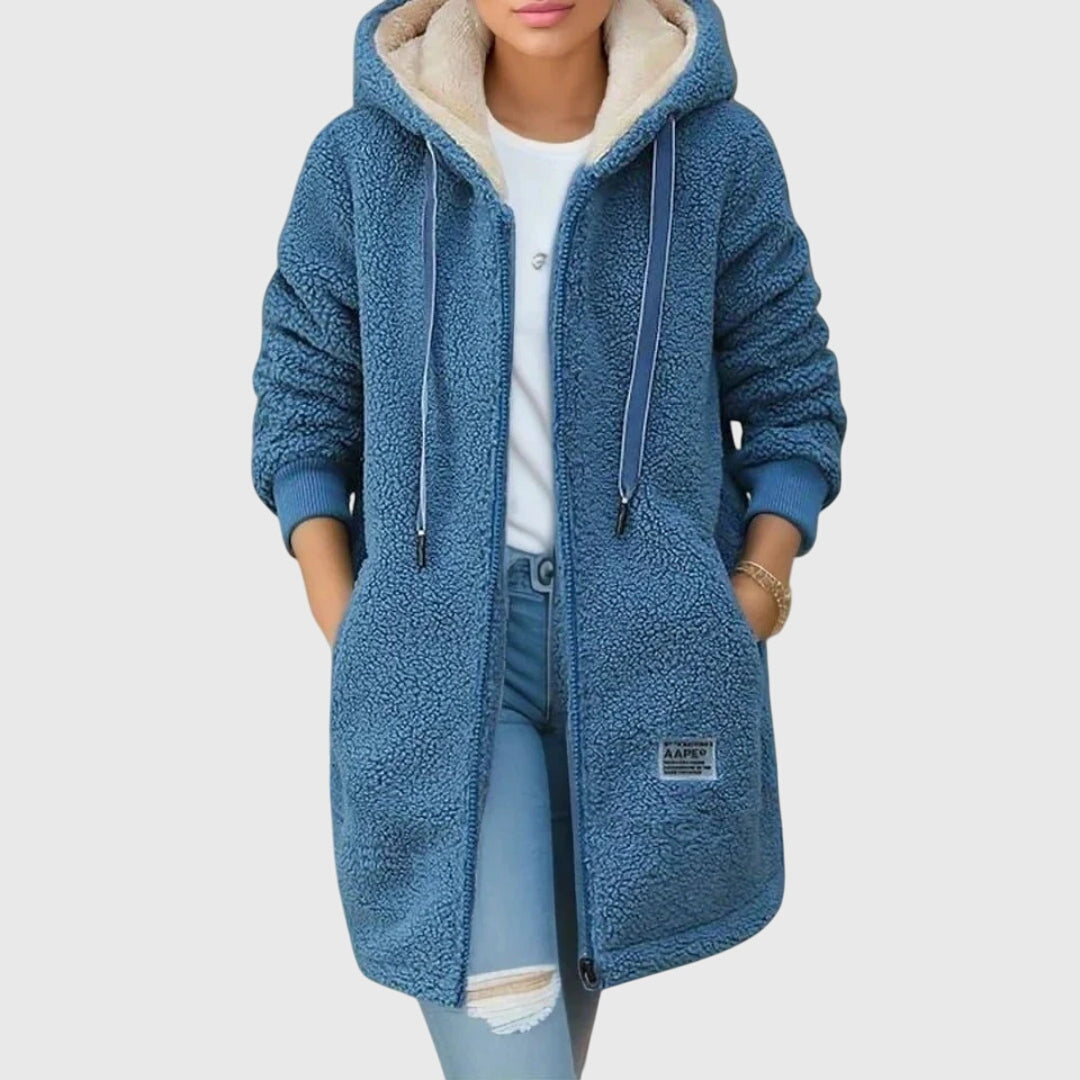 Hooded Zip Front Sherpa Fleece Longline Jacket