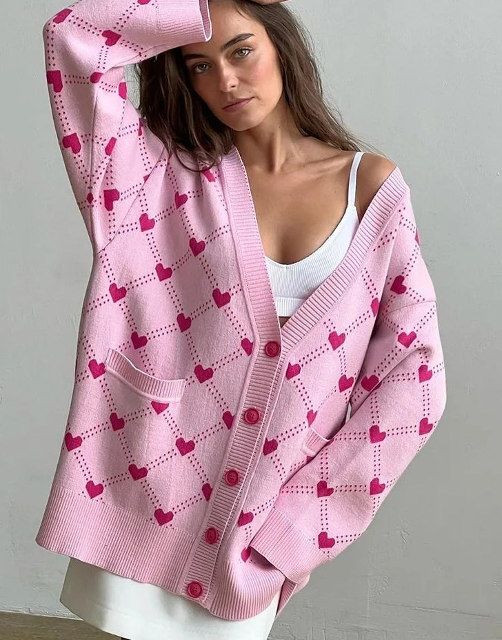 Heart Argyle Pattern V-Neck Button Front Pocket Oversized Cardigan